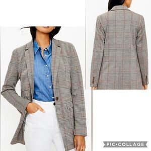 Ann Taylor Loft Plaid Tan Orange Houndstooth Boyfriend Blazer Jacket Size 10